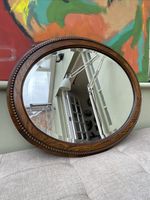 Large Antique Oval Oak Framed Beaded Bevelled Edge Wall Mirror 59.5cm x 49cm