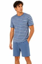 Mens Pyjama Set 100% Cotton Summer Pyjamas Blue Striped T‑Shirt Shorts Nightwear