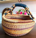 Handwoven African Bolga Basket With Handle Wicker Rattan Orange Purple 15” Dia