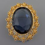 Vintage Mamselle Gold Tone Large Oval Filigree Blue Crystal Brooch/Pendant 2"