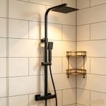 Bathroom Thermostatic Exposed Shower Mixer Twin Shower Head Square Bar Black Set
