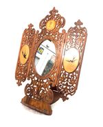 Antique Tabletop Hand Carved Wooden Sorrento Ware Triptych Vanity Mirror c.1900