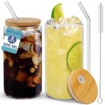 HEFTMAN Glass Cups with Bamboo Lids Straws Brush Airtight Glasses 600ml 2 Pack