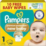 Pampers Premium Protection New Baby Size 1, 180 Nappies, 2kg-5kg, Monthly Pack, 
