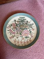 Vintage Chinese H.F.P Macau Hand Painted Plate Cream Green Gold Pinks 26cm