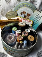Vintage Sewing Tin Including Threads Decorative Thimbles Pins Needles Etc