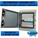 CONSUMER UNIT WEATHERPROOF UP TO 6 WAY 100 AMP SWITCH SHED GARAGE CHOICE OF MCB 