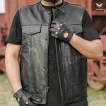 Men’s Sons of Anarchy Black Collarless Vest Motorcycle Leather Cut Off Waistcoat