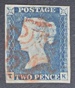 GB SG5 QV 1840 2d Blue, TK, Red Maltese Cross, 4 Margins, Used, Cat £975