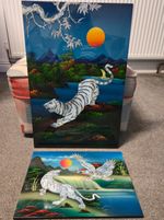 Vintage Vietnamese Lacquer Wood Art Panels w Abalone Mother of Pearl Tiger Art