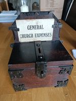 Antique Gothic Oak Church Collection Box with Original Period Cards