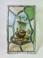 Antique Galleon / Ship Stained Glass Leaded Window Pane 31cm