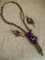 VTG Chicos Long Copper Multi Layered Chains Rhinestones Necklace Earrings Set