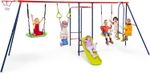 7-in-1 Kids Swing Set 300 kg Swing Set with Gym Rings-Red+Blue
