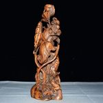 11.6-in Vintage Chinese Carved Boxwood Lotus Frog Statue Wood Home Decoration