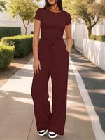Women's Wine Burgundy Size M 2 Piece Co Ord Lounge Set Wide Leg Trousers UK WFH