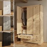 3 Door 4 Drawer Panelled Wardrobe Bedroom Storage Hanging Rail Shelves Oak Top