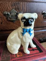 Antique Ceramic Pug Figurine, Possibly Staffordshire Pottery, With A Blue Bowtie