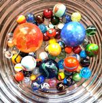 MARBLES - Glass- Good Variety  MIXED - 8 sizes  RANDOM  Stunning set of 70+