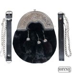 BLACK RABBIT FUR FULL DRESS SPORRAN WITH CHROME FINISH CANTLE 3 BLACK TASSELS