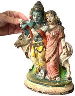 ViINTAGE  INDIAN TERRACOTTA KRISHNA RADHA FIGURES WITH COW FOLK ART TAMIL NADU