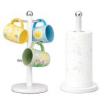 Kitchen Mug Tree and Paper Towel Holder Set White Weighted Non Slip Base