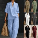 Ladies Tracksuits Summer V Neck Tops+Pants Linen Cotton Loose Outfits Co Ord Set