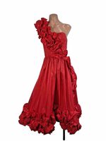 Vtg 80s Prom Gown Sz 5 One Shoulder Rosette Fit Flare Puffy Party Formal Dress