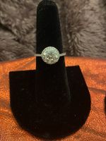 Round-Cut White/Colorless Halo Engagement Ring, Silver Tone, GRA Certified