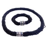 Black Onyx Seed Beads Spinel Necklace and Bracelet Set Sterling Silver Closure 