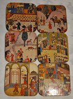 Set of 6 Vintage Ottoman Persian Miniature Art Coasters - Lacquered Wooden Mats