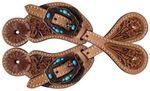 Showman Youth Floral Tooled Medium Leather Spur Straps w/ Turquoise Stones