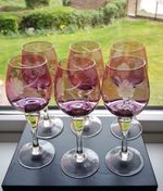 6 X Vintage Floral  Etched Wine Glasses Cranberry Pink Clear Bubble Stem 7" Tall