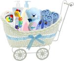 Blue Baby Boy Pram Wicker Basket Hamper Shower Stroller Vintage Craft Gift