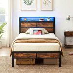Single Bed Frame with Storage Headboard & LED Lights, Platform Bed Frame