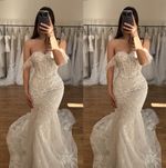 Sexy Mermaid Wedding Dresses Off Shoulder Sweep Train Lace Applique Bridal Gown