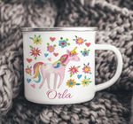 Personalised Enamel Camping Mug, Unicorn Cup, Pink  Girls Custom Name Gift.