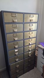 Extremely rare MADE.COM Stow Grey and BRASS tall wide apothecary storage cabinet