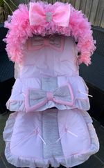 PRAM PUSHCHAIR - FRILLY BLING PINK BOW COSYTOES FOOTMUFF + HOOD FRILL/TRIM