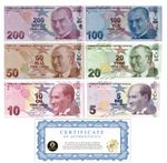 Turkey 200, 100, 50, 20, 10, 5 Lira Banknote 6 Pcs SET 2009 (2020) ND, UNC NEW