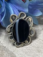 47. SHULAMIT ISRAEL Silver 925 Black Agate Stone Ring 16.8g, 7.25-10s Adjustable