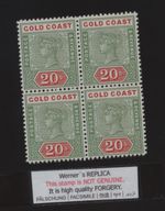 4blk FORGERY - Werner's REPLICA of Gold Coast 1889 20s. green and red