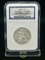 1853 Seated Liberty 50c Arrows & Rays SS Republic Shipwreck Effect NGC Inscribed