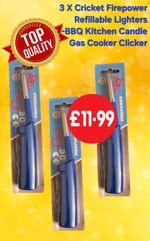 3 X Cricket Firepower Refillable Lighters -BBQ Kitchen Candle Gas Cooker Clicker