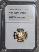 1990 Great Britain Gold 1/2 Half Sovereign Coin NGC PF69 Ultra Cameo 22ct