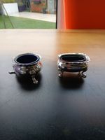 Pair of Silver Plated Open Salt Cellars with Cobalt Blue Glass Liners