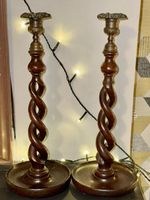 Antique English Open Oak Barley Twist Candlesticks with brass tops. 14.5”