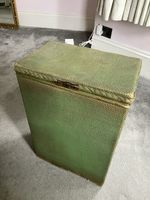 Vintage green Lloyd Loom style wicker laundry hamper brass handle and hinged top