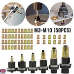 58Pcs Rivet Nut Kit with Steel Rivet Tool Mandrels M3/M4/M5/M6/M8/M10 Nut Set