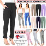 Womens Trousers Ladies Half Elasticated Stretch Waist Work Office Pants Pack 2
